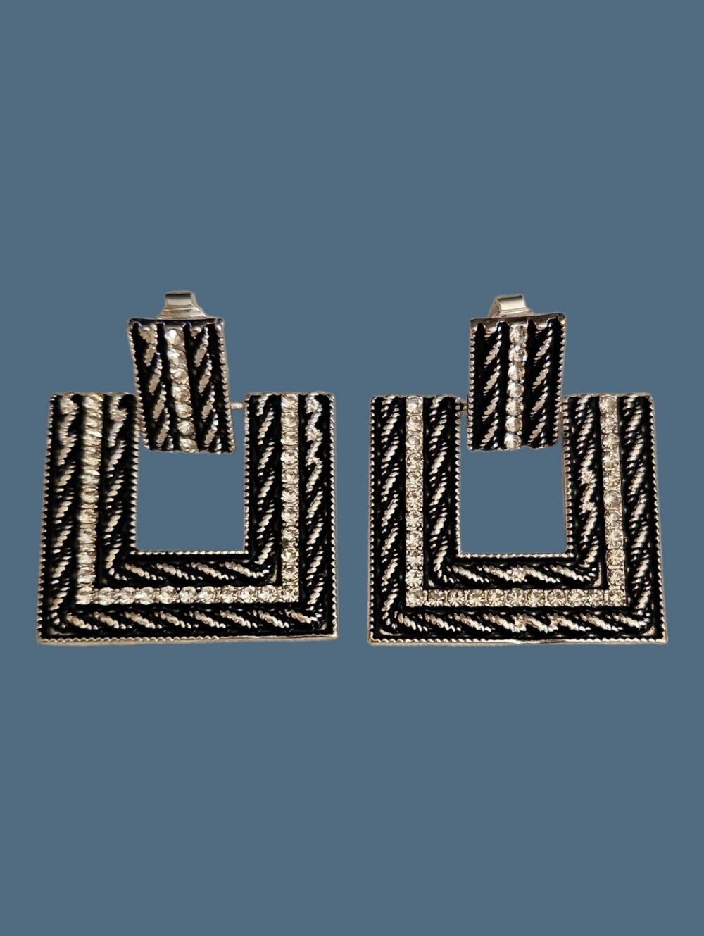 Black and Silver Geometric Rhinestone Square Doorknocker Clip-on Earrings